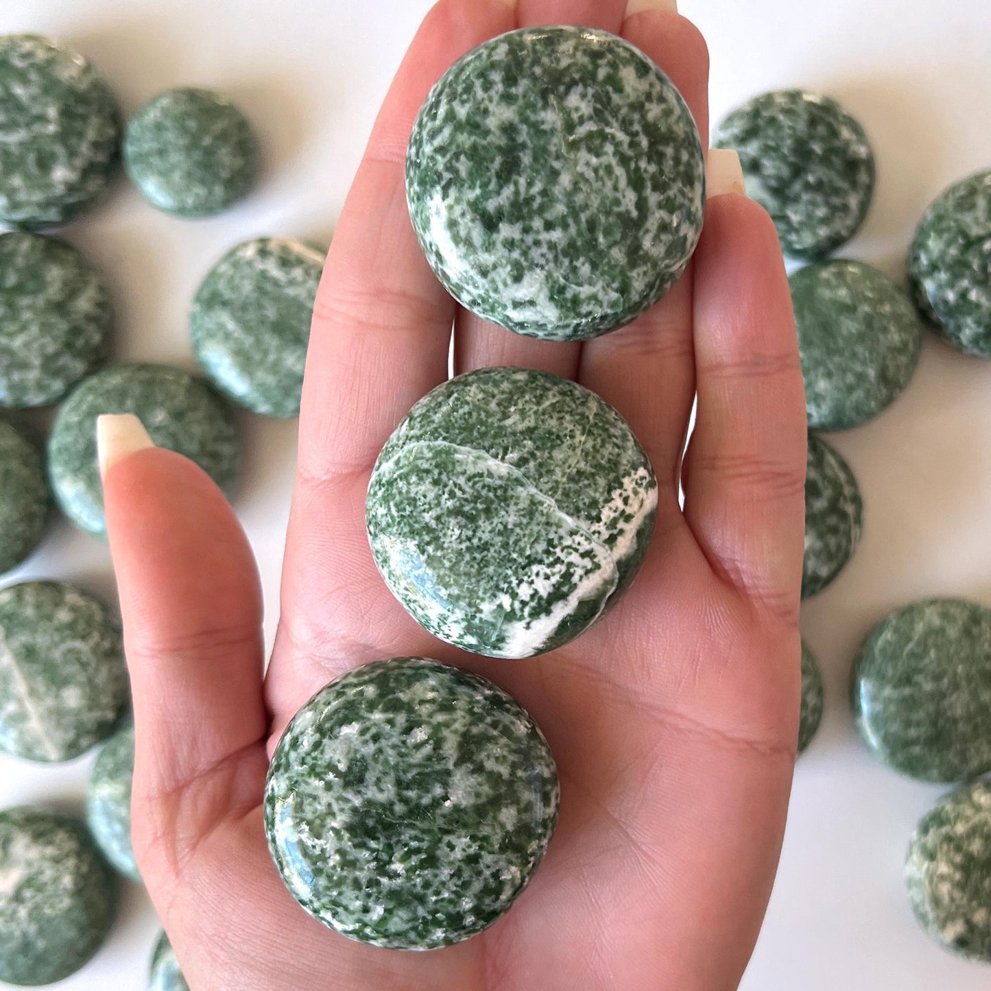 Green Snowflake Epidote Round Palm Stone