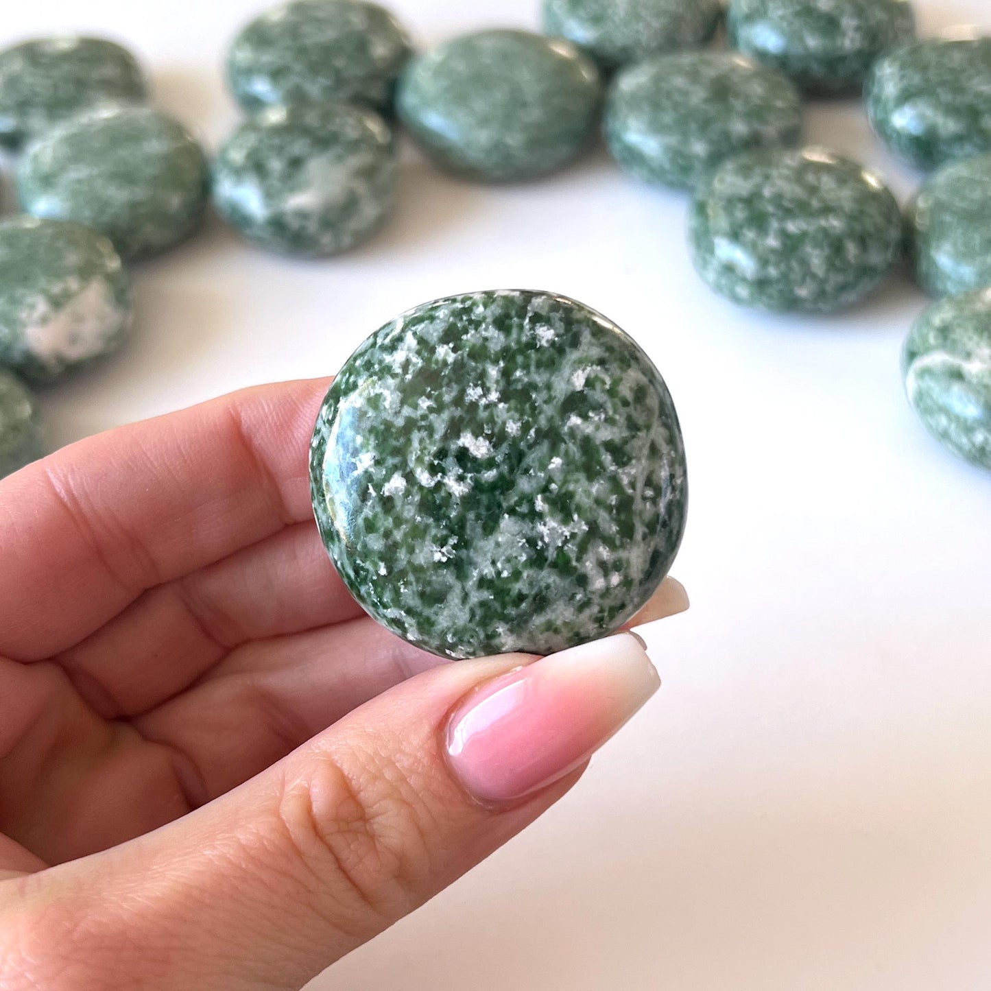 Green Snowflake Epidote Round Palm Stone