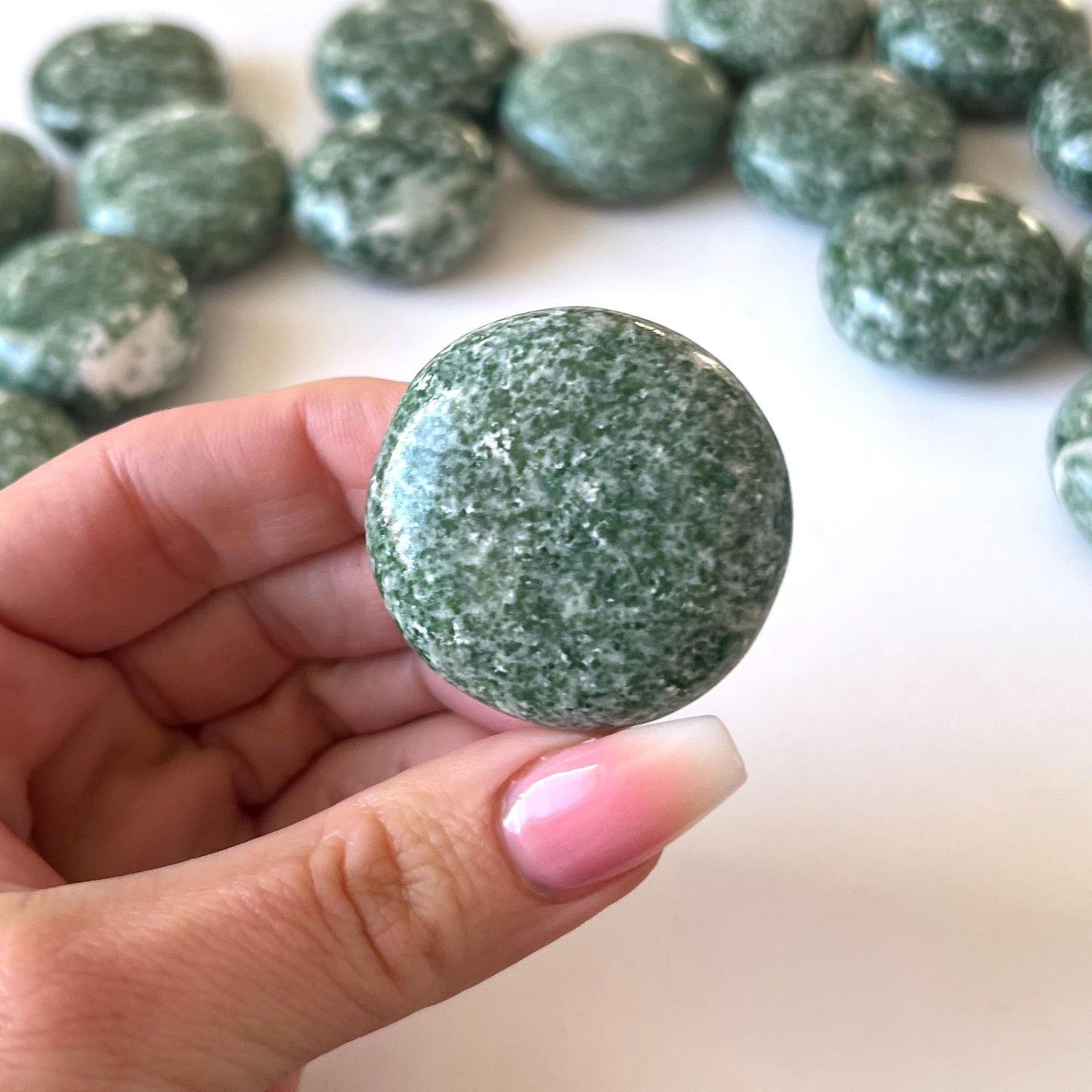 Green Snowflake Epidote Round Palm Stone