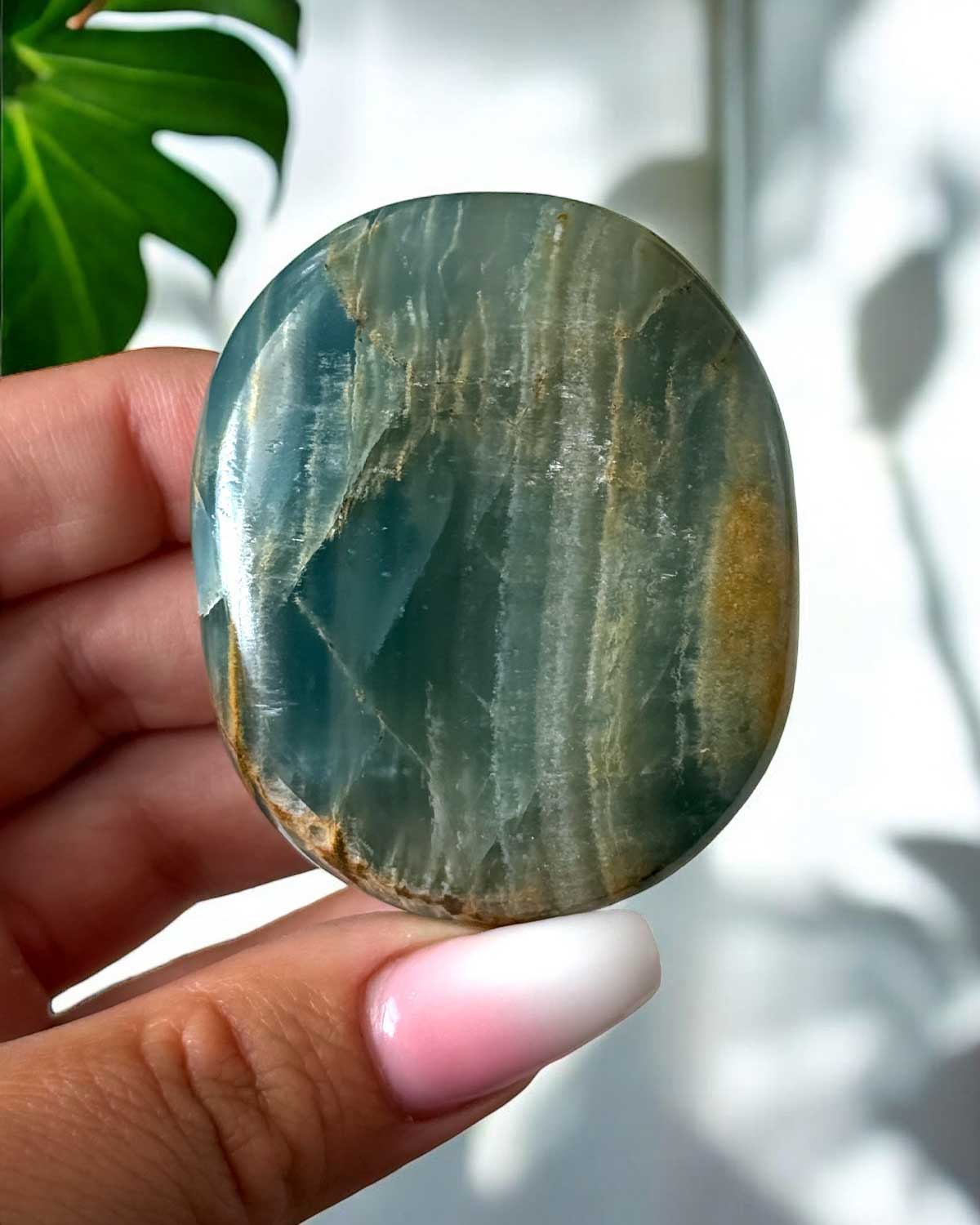 Lemurian Aquatine Blue Onyx Palm Stone