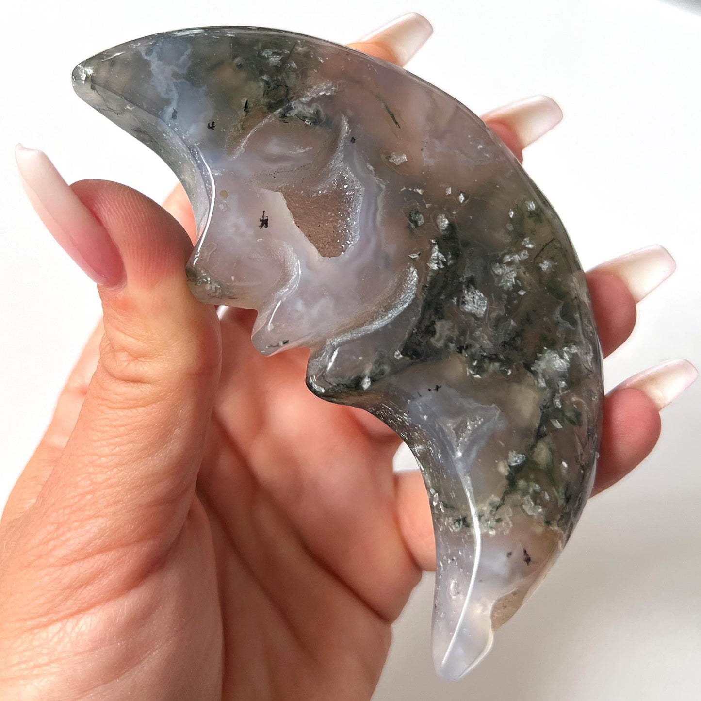 Moss Agate Moon Carving