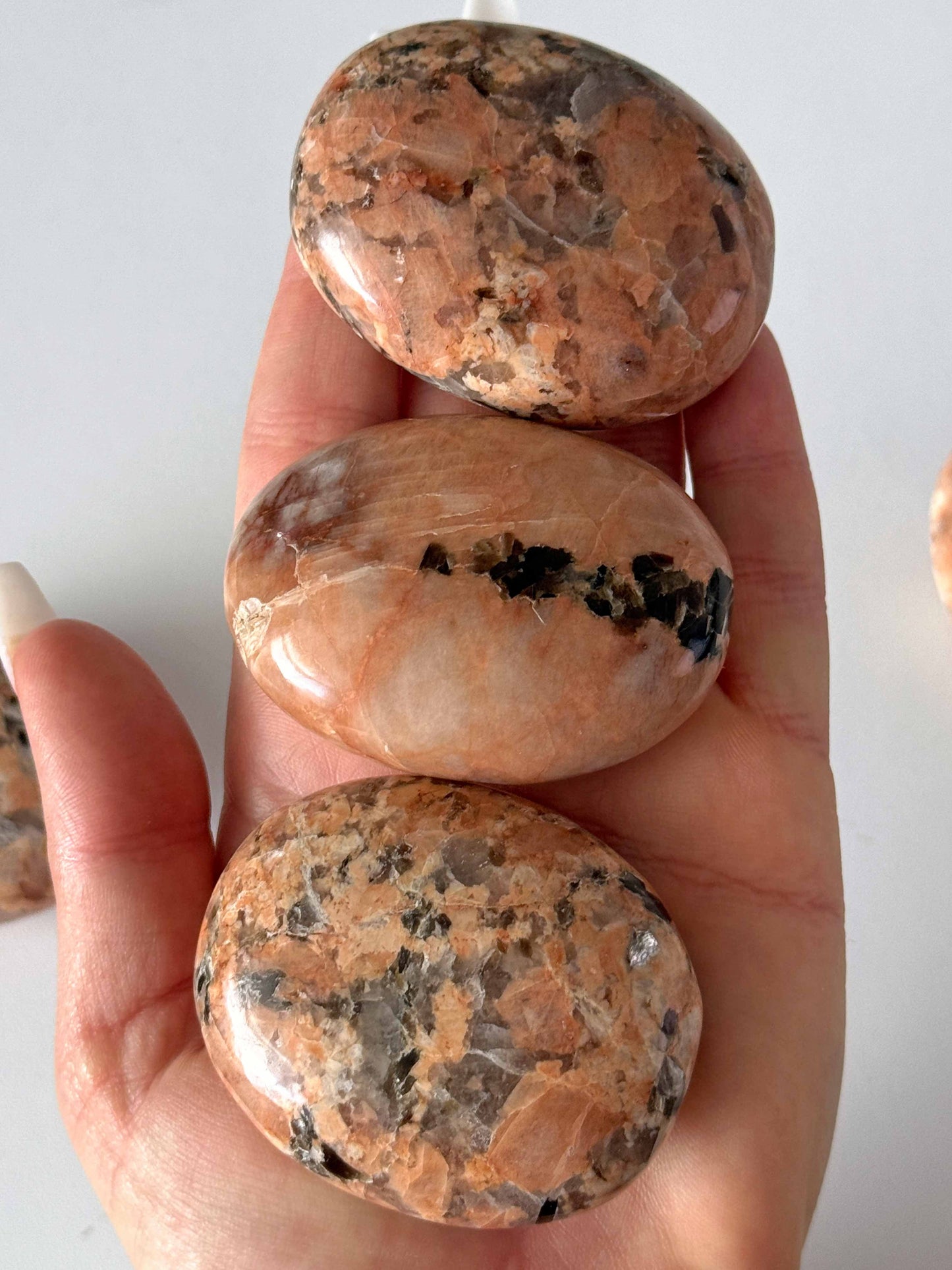 Peach Moonstone with Tourmaline Palm Stone