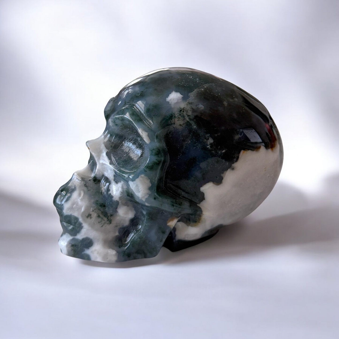 Moss Agate Skull Carving