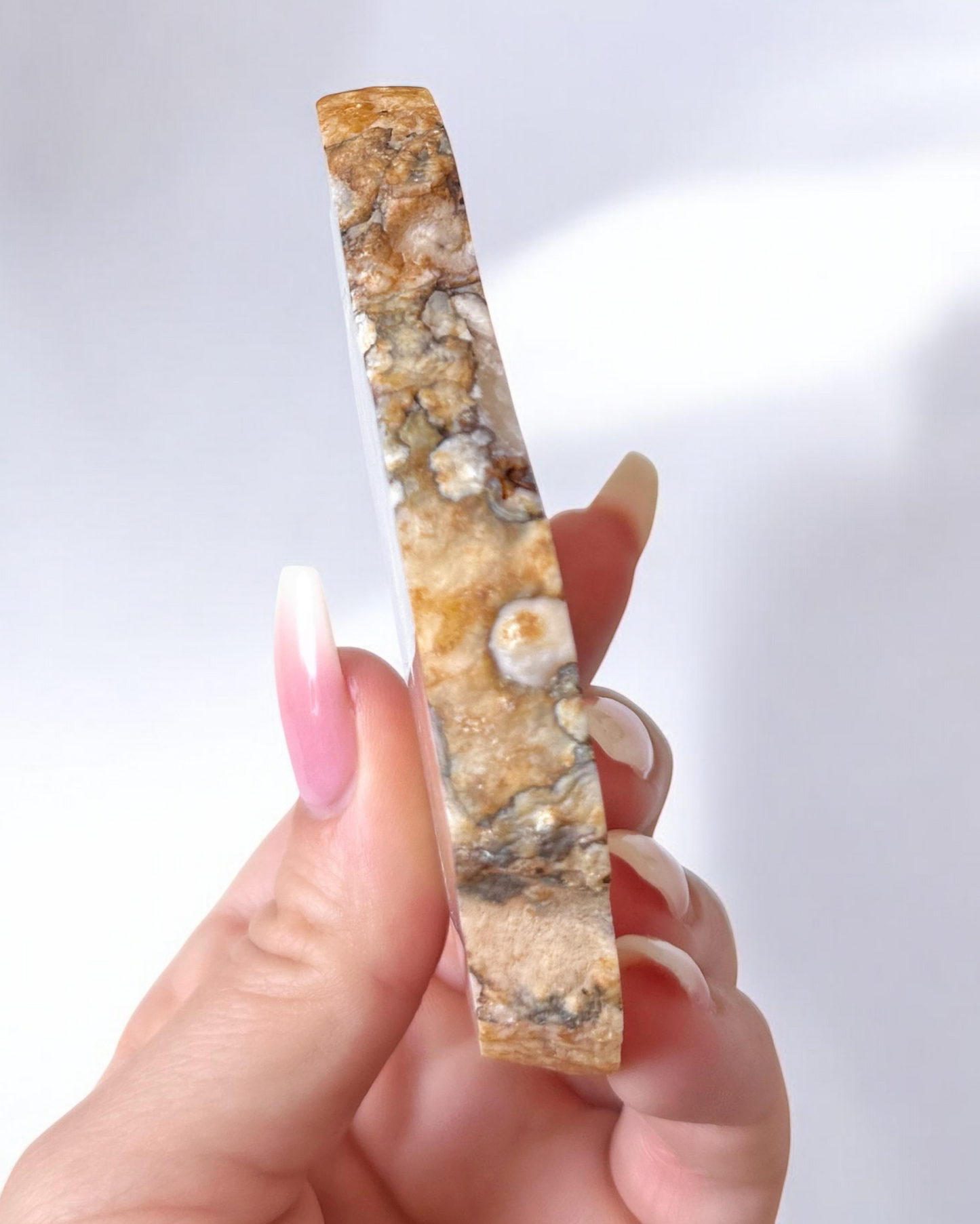 Pink Flower Agate Slab on Gold Stand