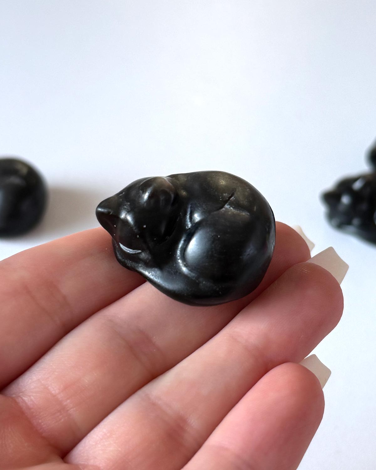 Silver Sheen Obsidian Sleeping Kitty Carving