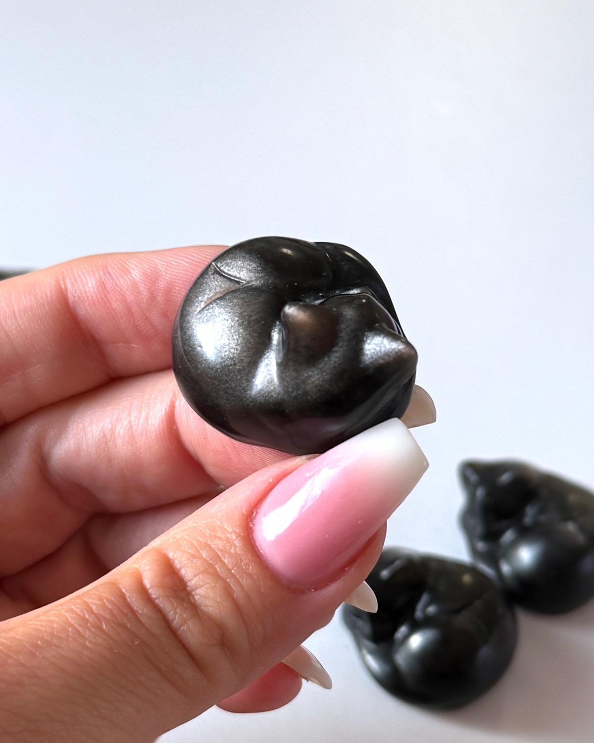 Silver Sheen Obsidian Sleeping Kitty Carving