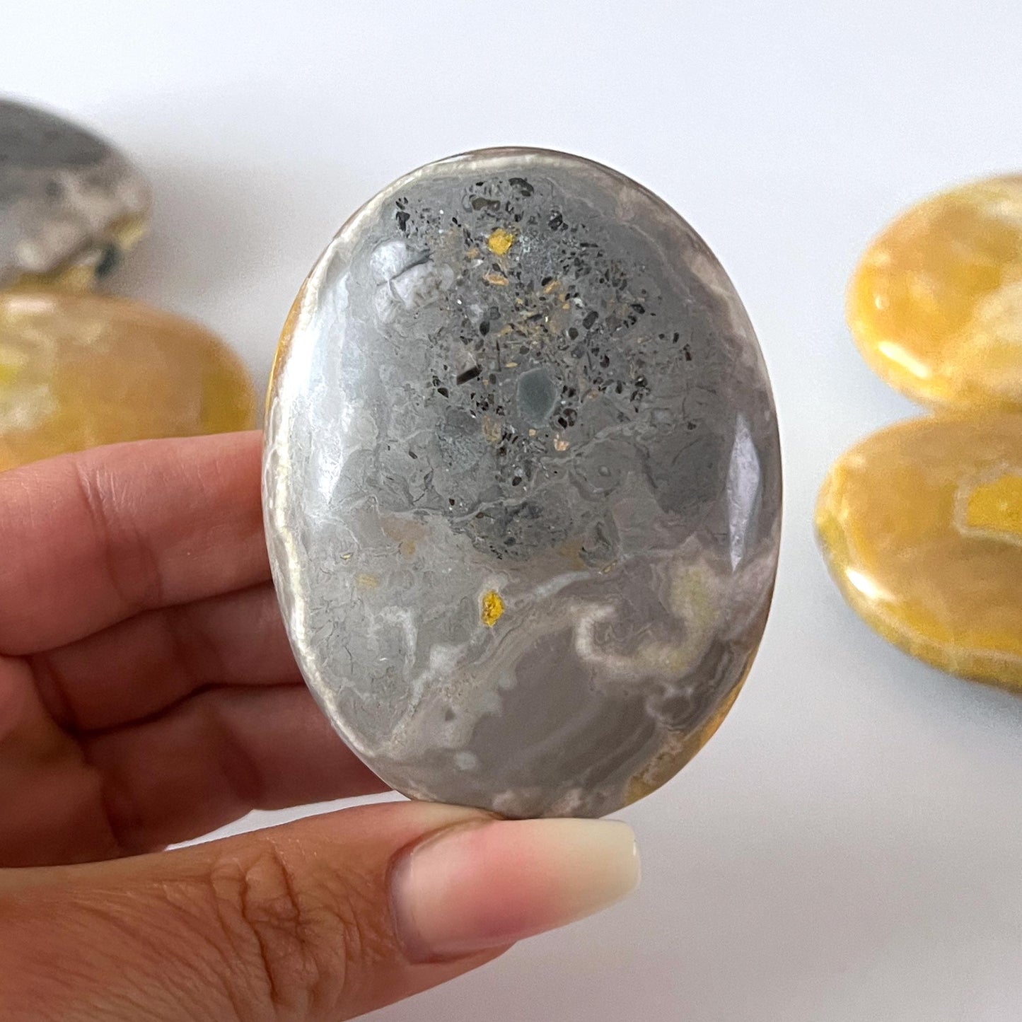 Yellow Gray Bumble Bee Jasper Palm Stone