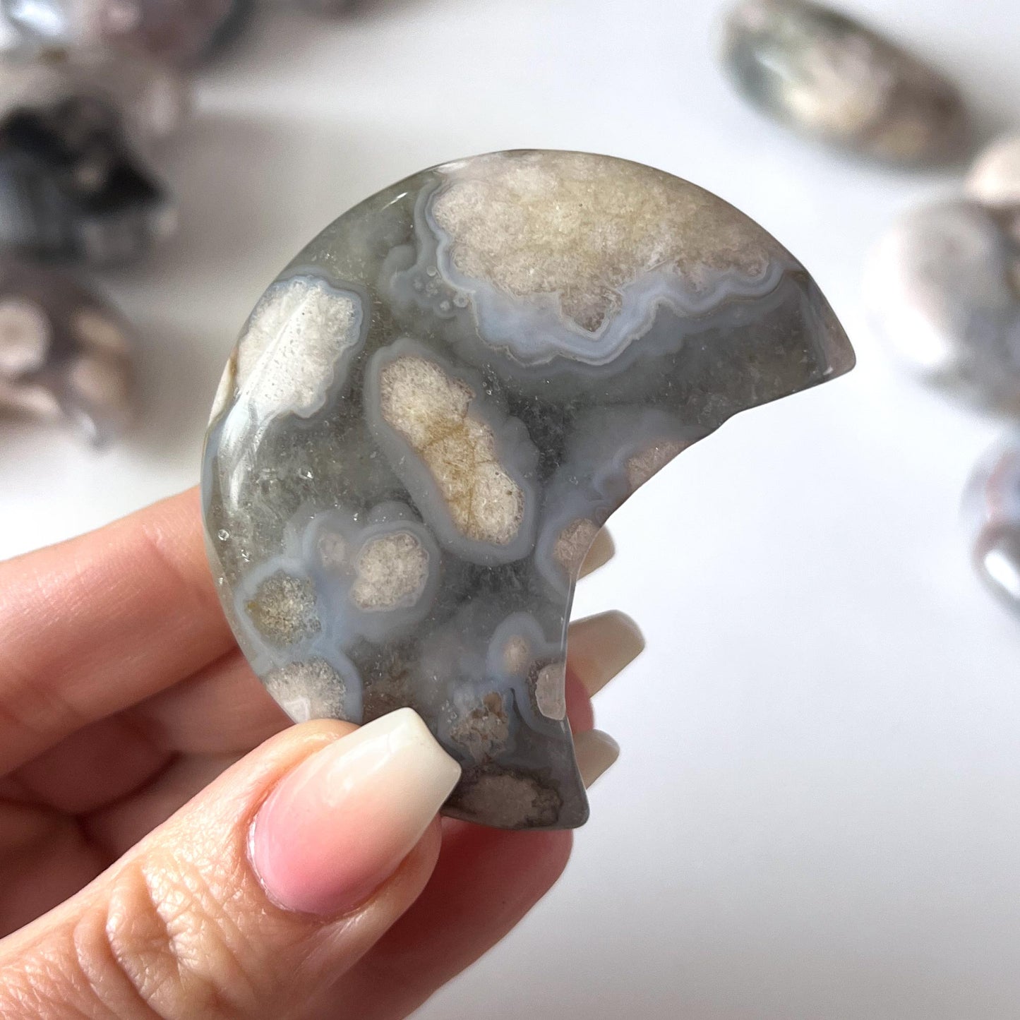 Black Flower Agate Crescent Moon Carving