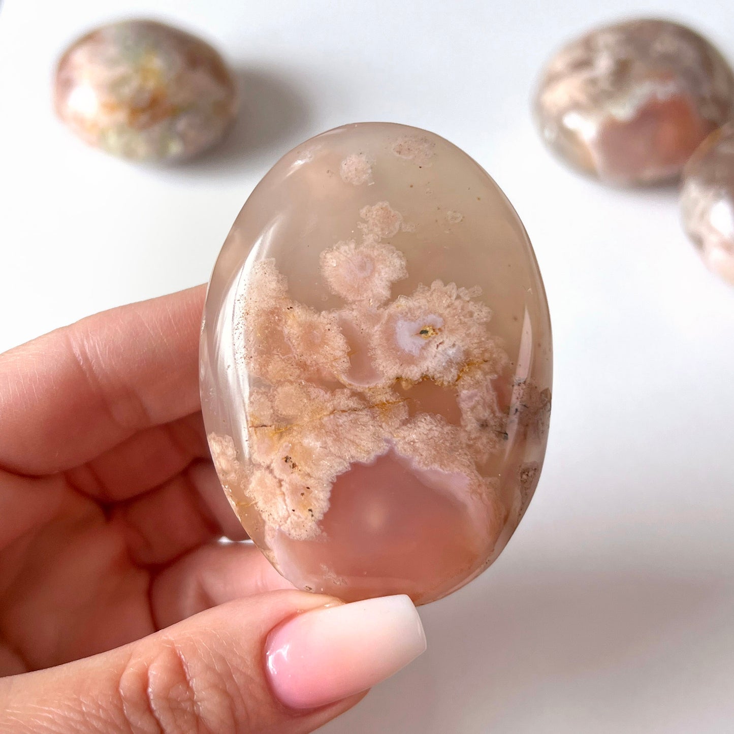 Peachy Pink Flower Agate Palm Stone