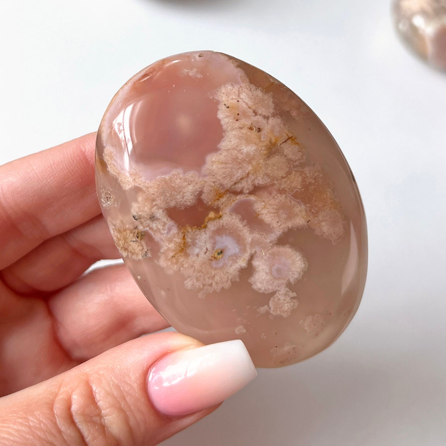 Peachy Pink Flower Agate Palm Stone