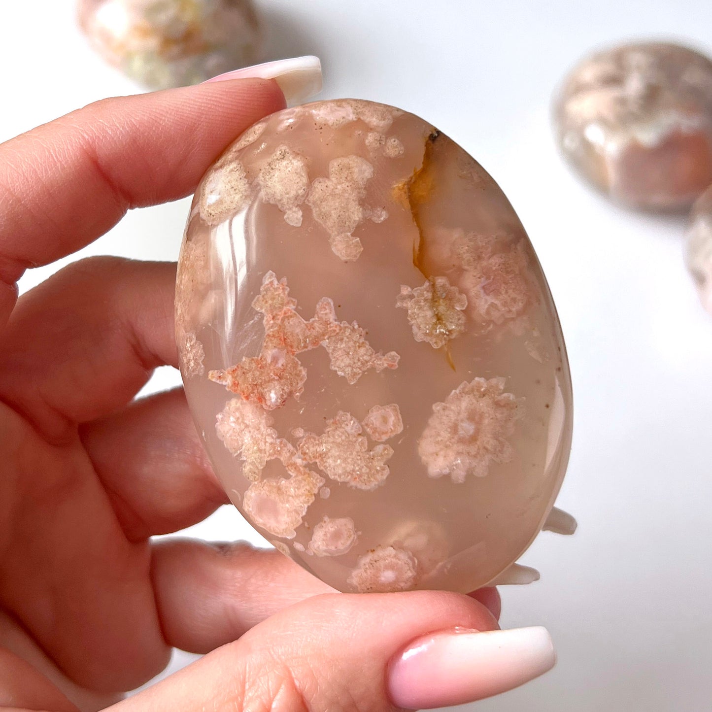 Peachy Pink Flower Agate Palm Stone