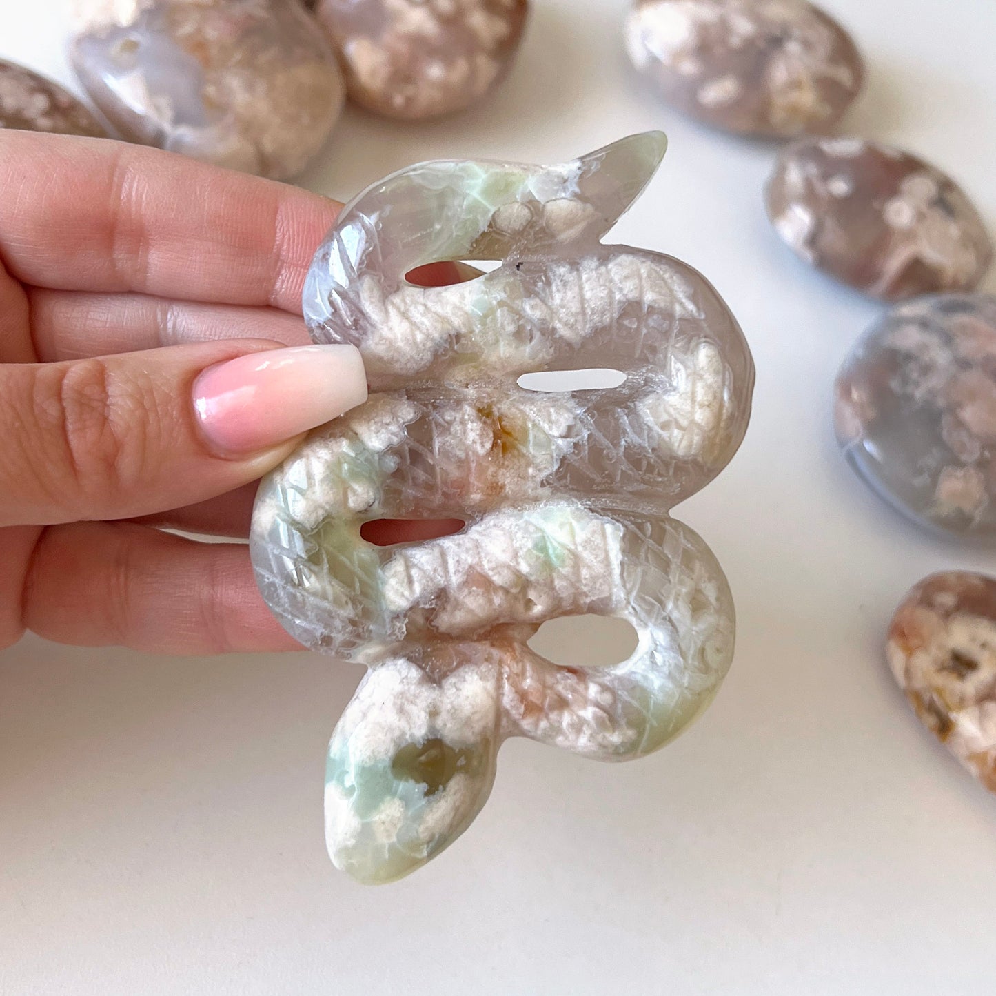 Green Flower Agate Snake Carving