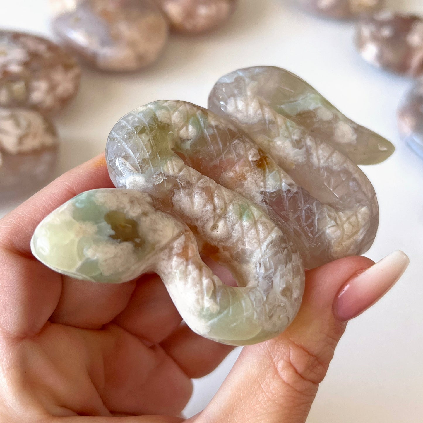 Green Flower Agate Snake Carving