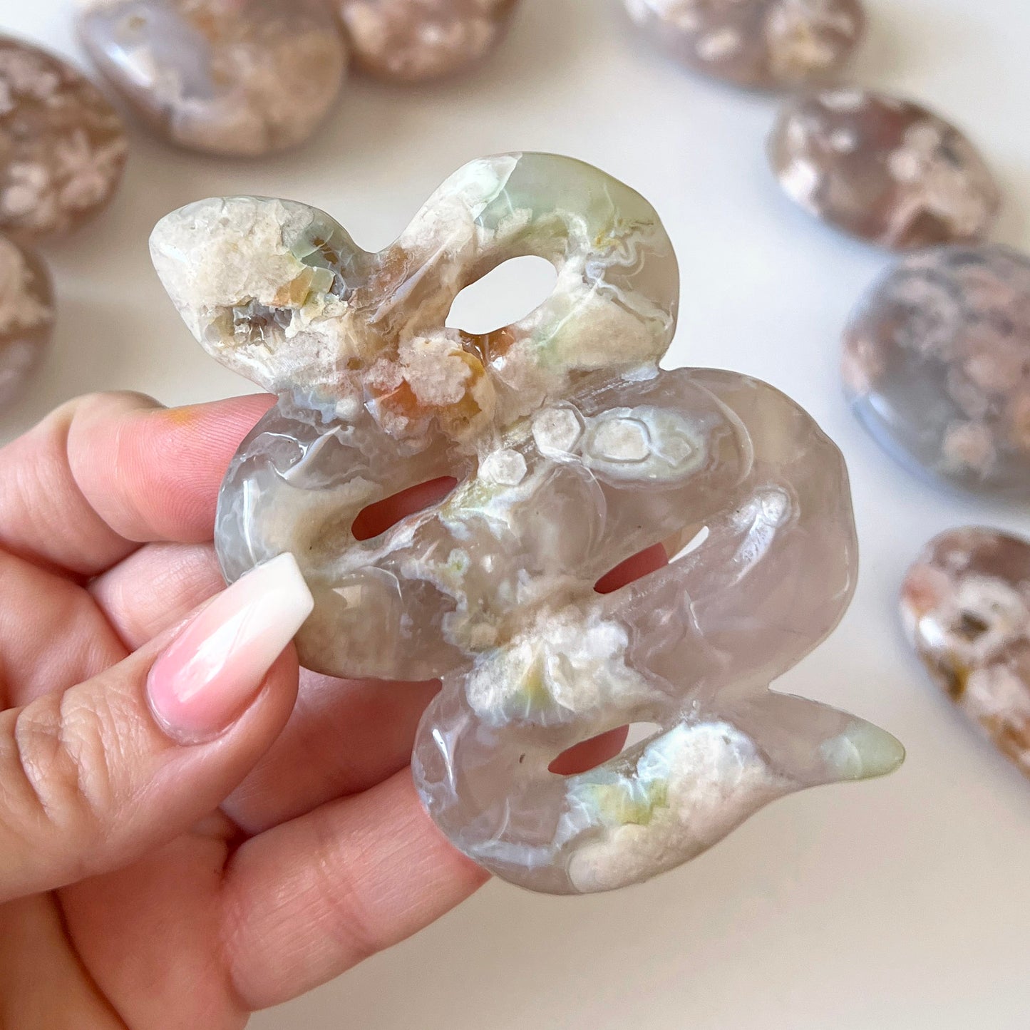 Green Flower Agate Snake Carving