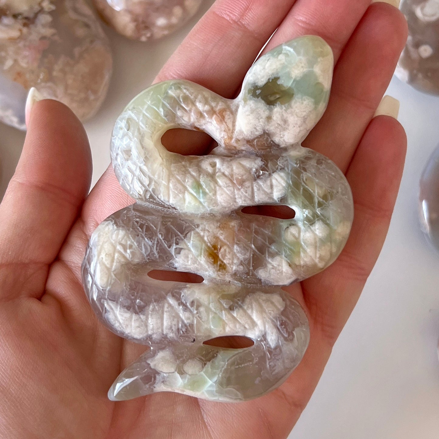 Green Flower Agate Snake Carving