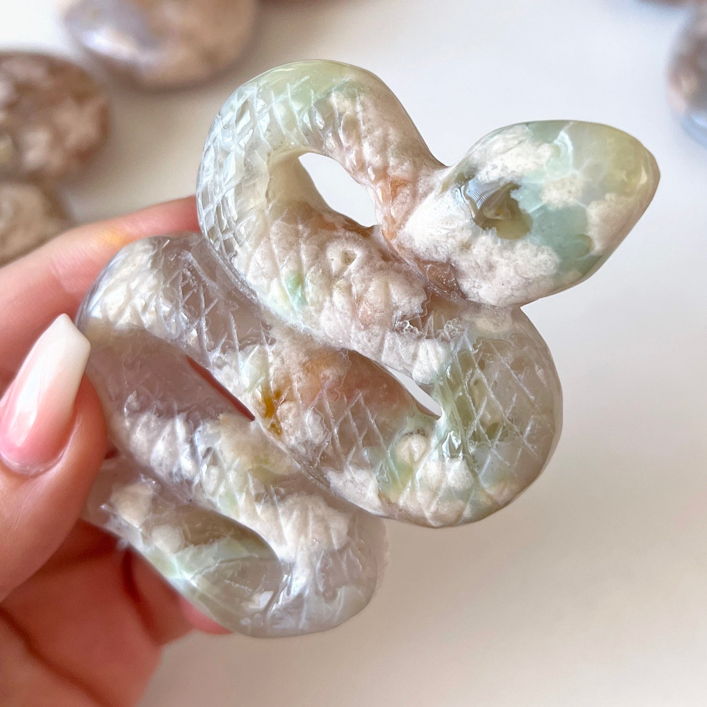 Green Flower Agate Snake Carving