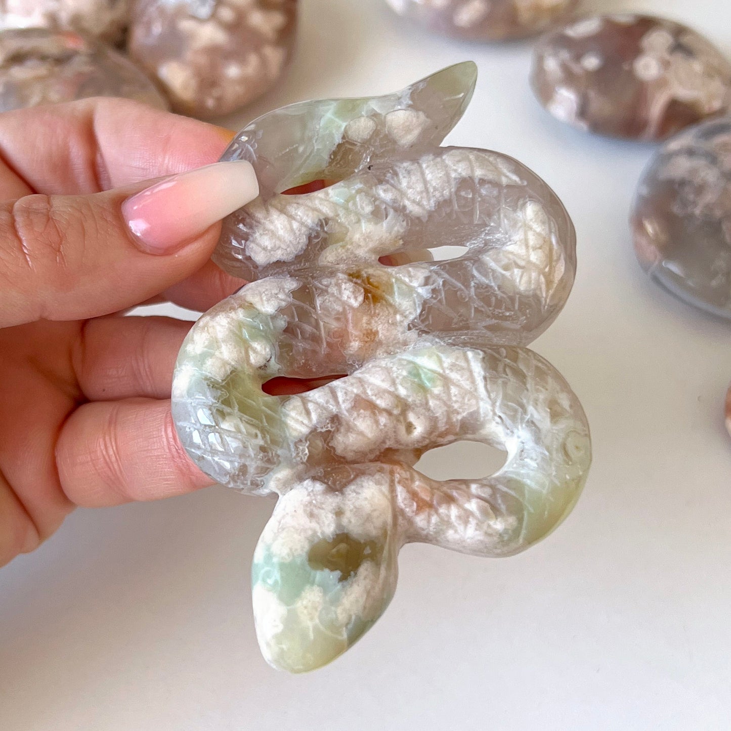 Green Flower Agate Snake Carving