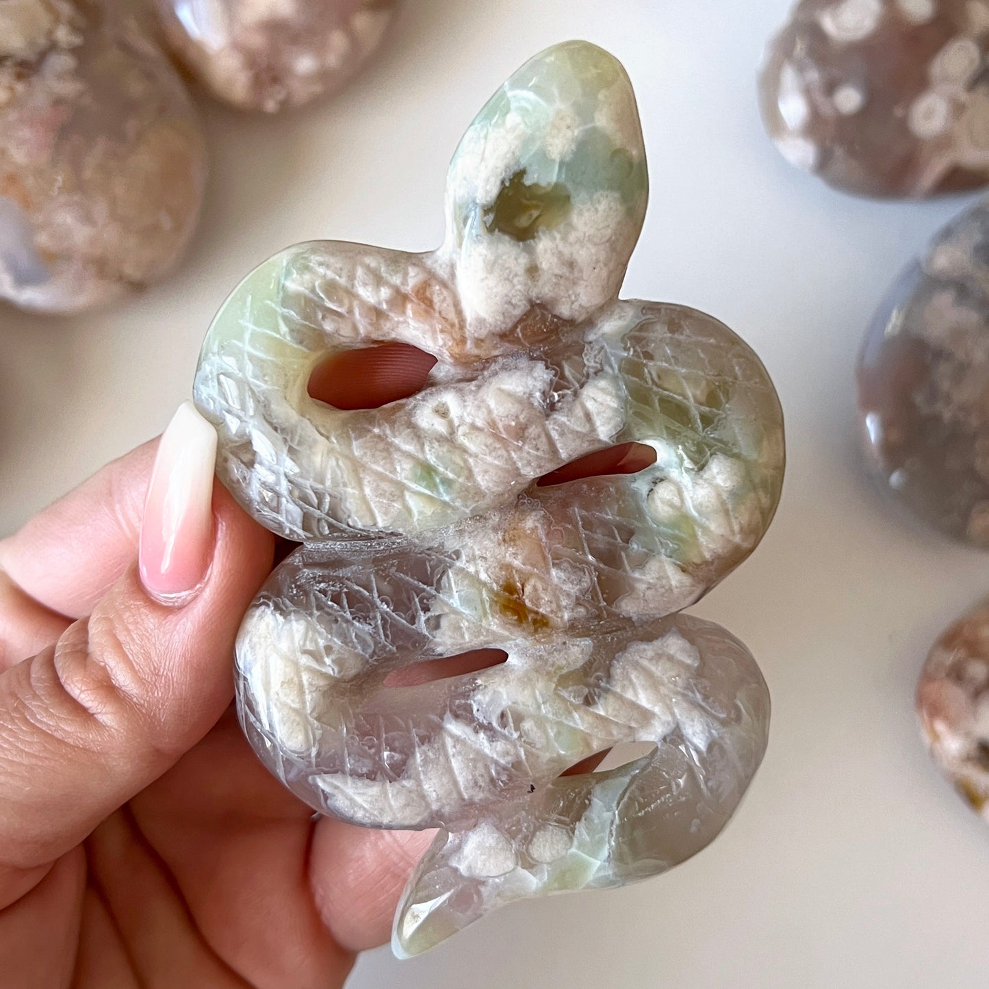 Green Flower Agate Snake Carving