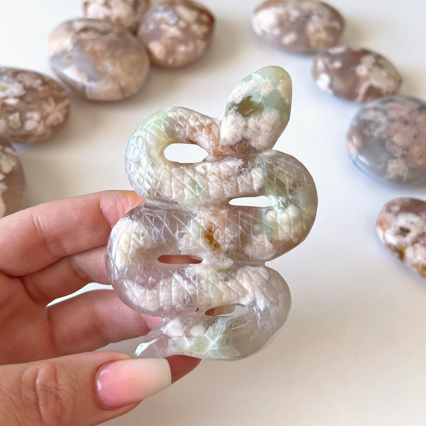 Green Flower Agate Snake Carving