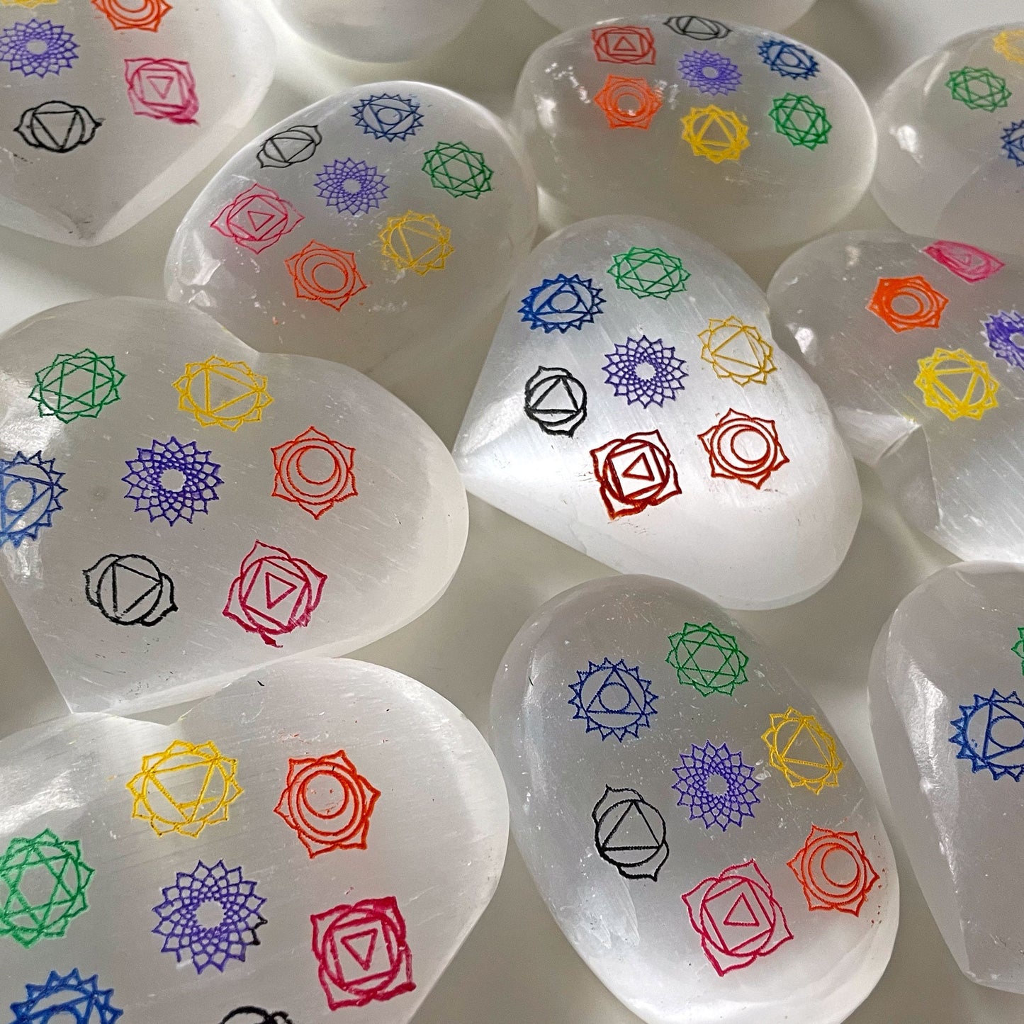 7 Chakra Selenite Palm Stone and Heart Shape
