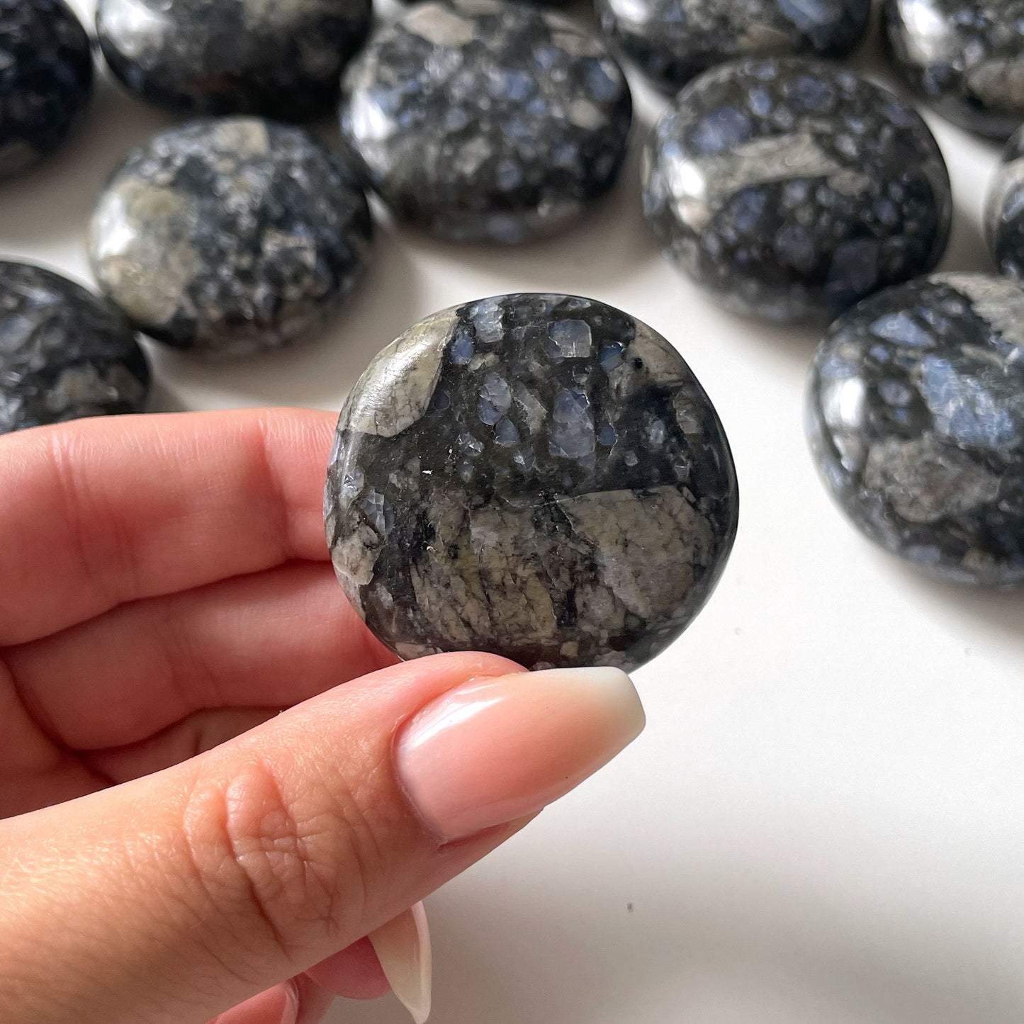 RARE Black Que Sera Round Palm Stone | Llanite UFO | Glaucophane | Higher Dimensional Awareness | Clairaudience | Overcoming Negativity - Sole Luna