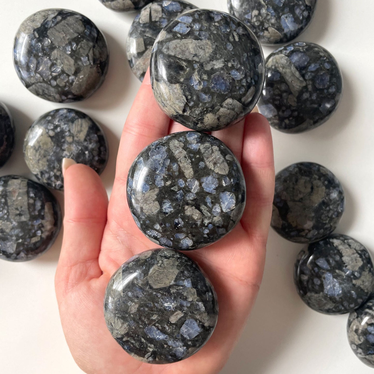 RARE Black Que Sera Round Palm Stone | Llanite UFO | Glaucophane | Higher Dimensional Awareness | Clairaudience | Overcoming Negativity - Sole Luna