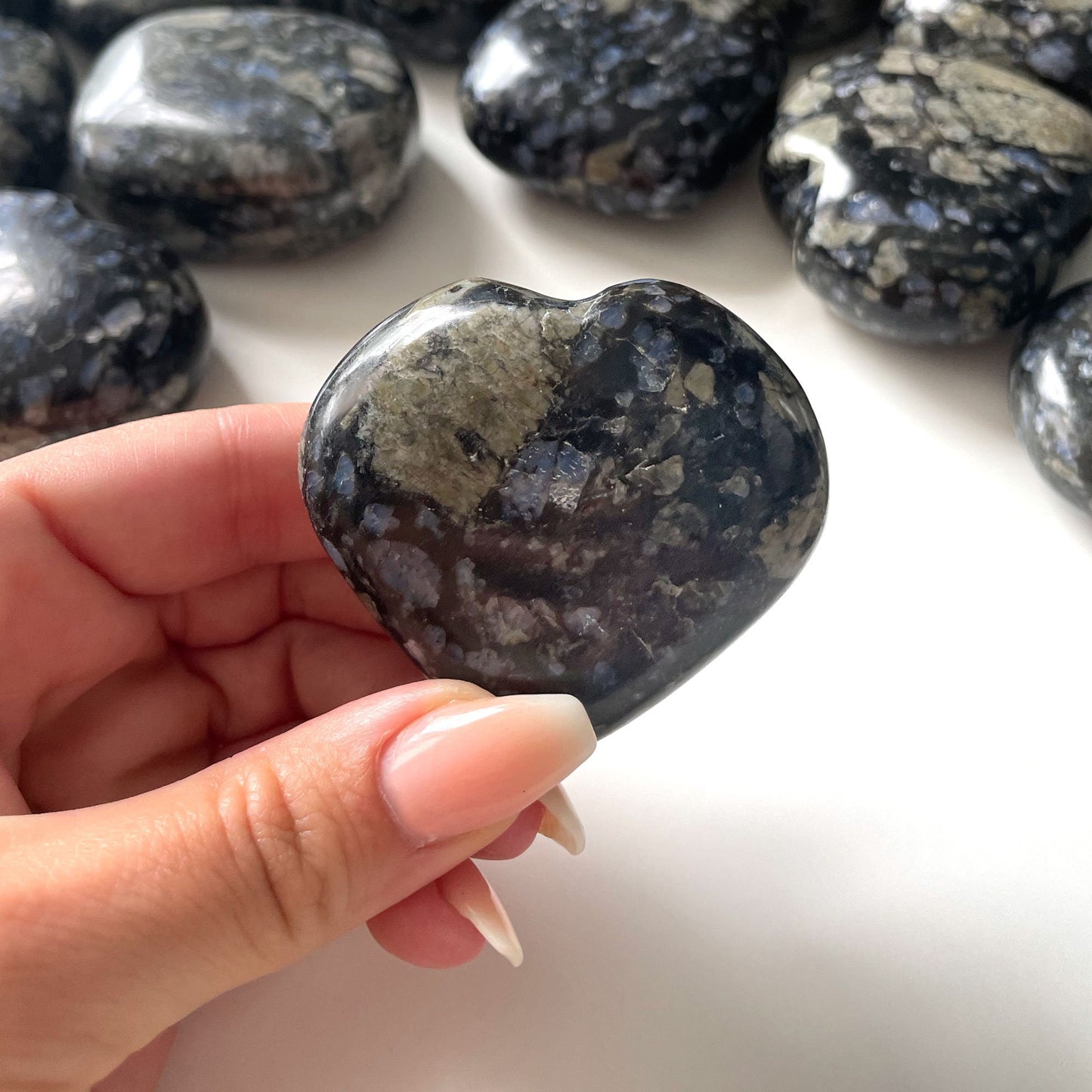 RARE Black Que Sera Heart | Llanite Heart Carving | Glaucophane | Higher Dimensional Awareness | Clairaudience | Overcoming Negativity - Sole Luna