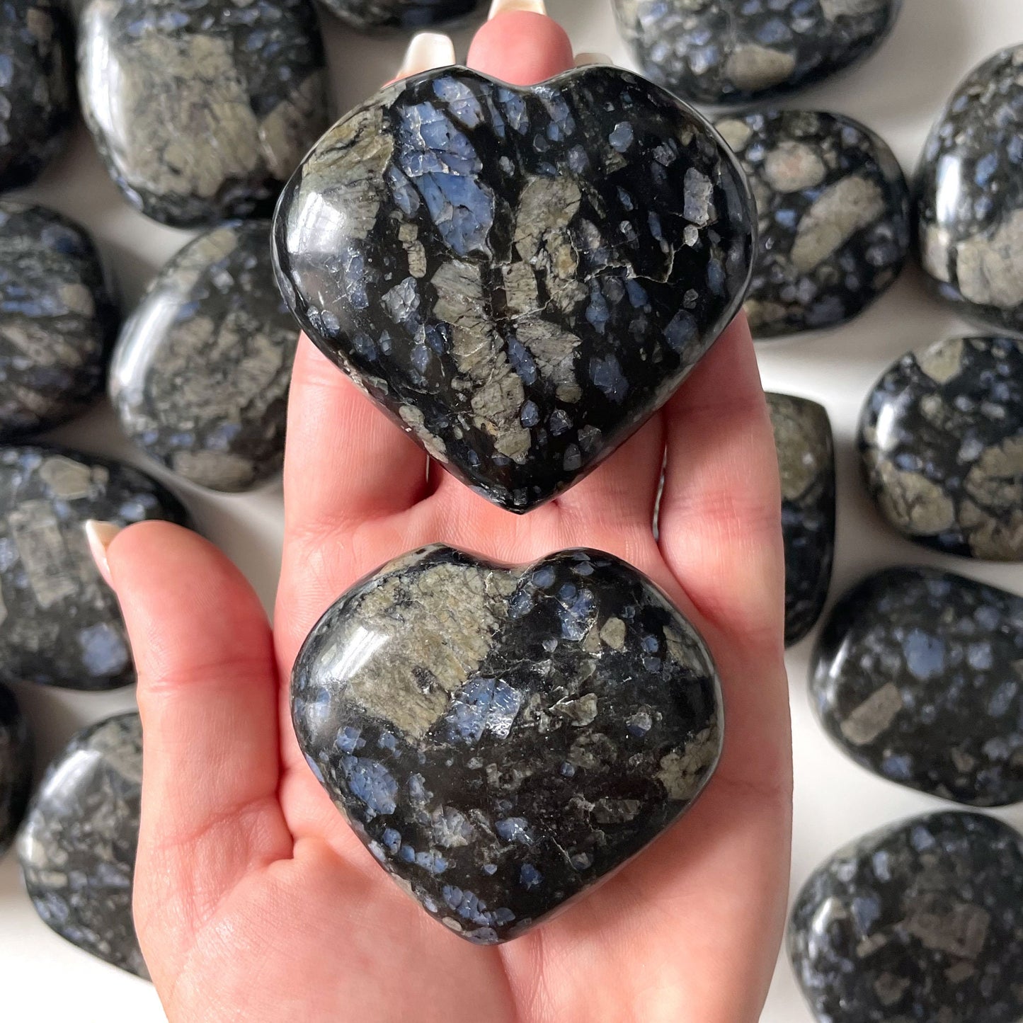 RARE Black Que Sera Heart | Llanite Heart Carving | Glaucophane | Higher Dimensional Awareness | Clairaudience | Overcoming Negativity - Sole Luna