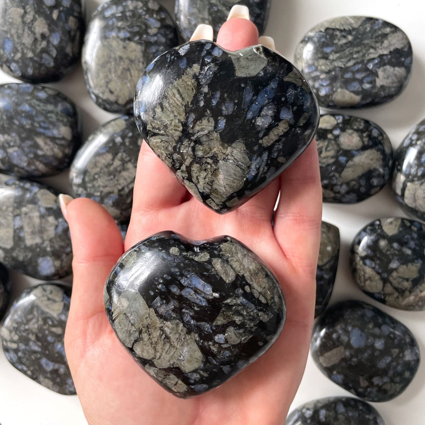 RARE Black Que Sera Heart | Llanite Heart Carving | Glaucophane | Higher Dimensional Awareness | Clairaudience | Overcoming Negativity - Sole Luna