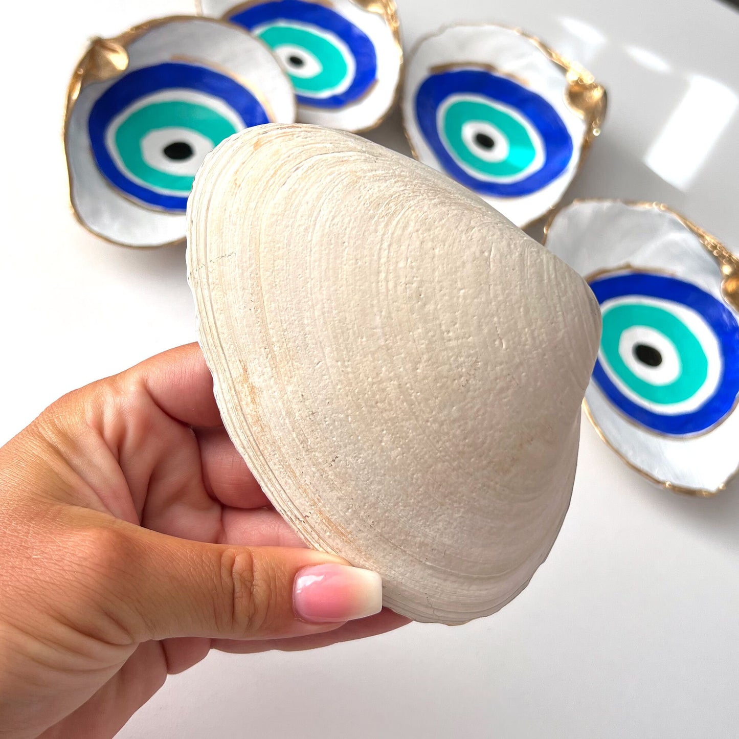 Evil Eye Painted Shell Dish | Jewelry Dish | Shell Dish | Crystal Holder Dish | Protection | Block Negativity | Atlantic Surf Clam - Sole Luna