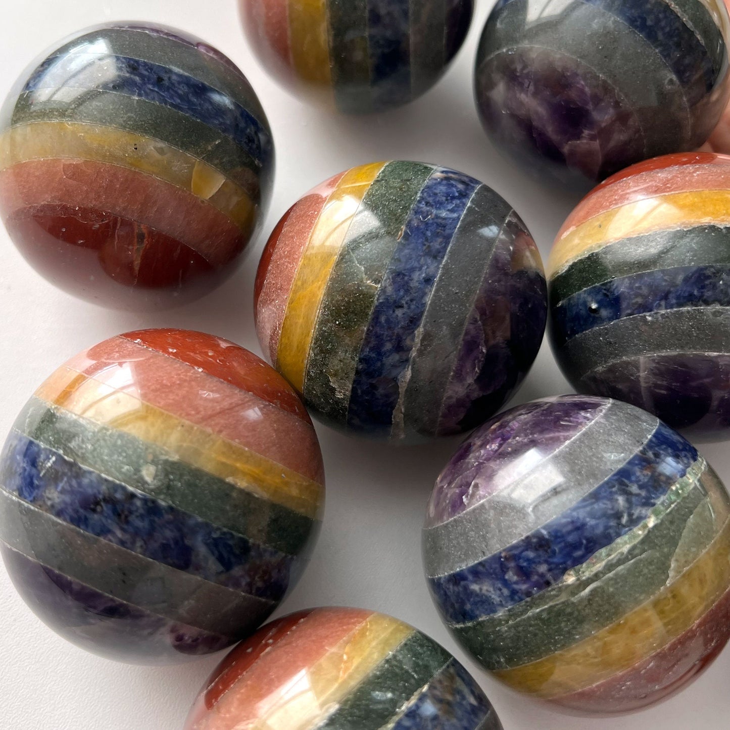 CHAKRA BALANCING | Seven Chakra Bonded Sphere | Meditation Crystal | Reiki Stone | Amethyst | Gray Agate | Lapis Lazuli | Green Aventurine - Sole Luna