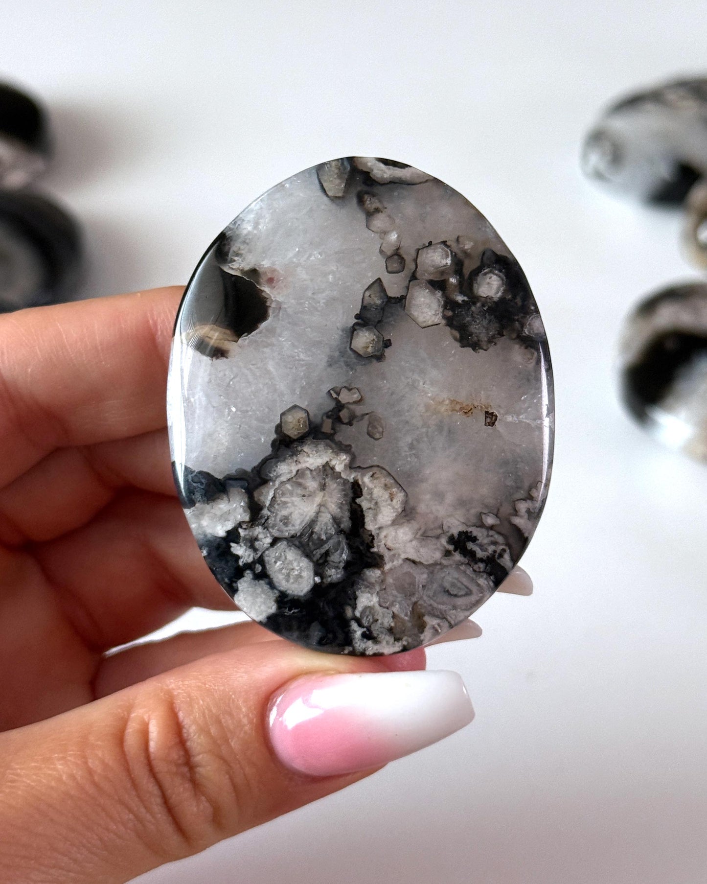 Black Flower Agate Palm Stone