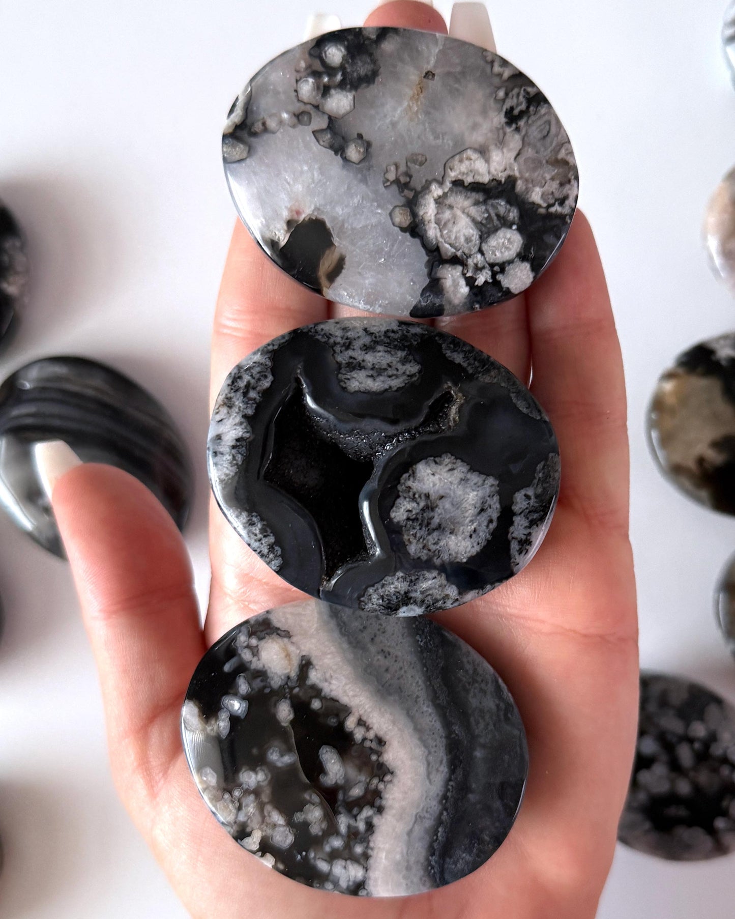 Black Flower Agate Palm Stone