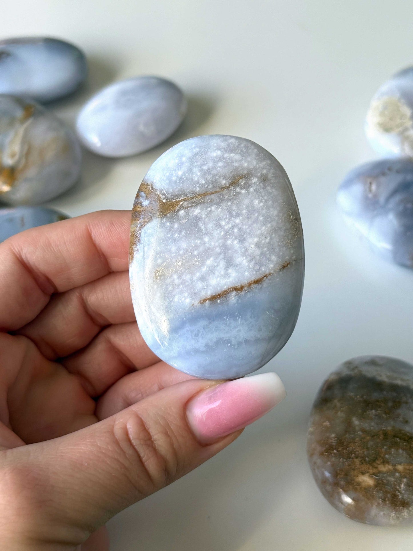 Blue Gold Chalcedony Palm Stone