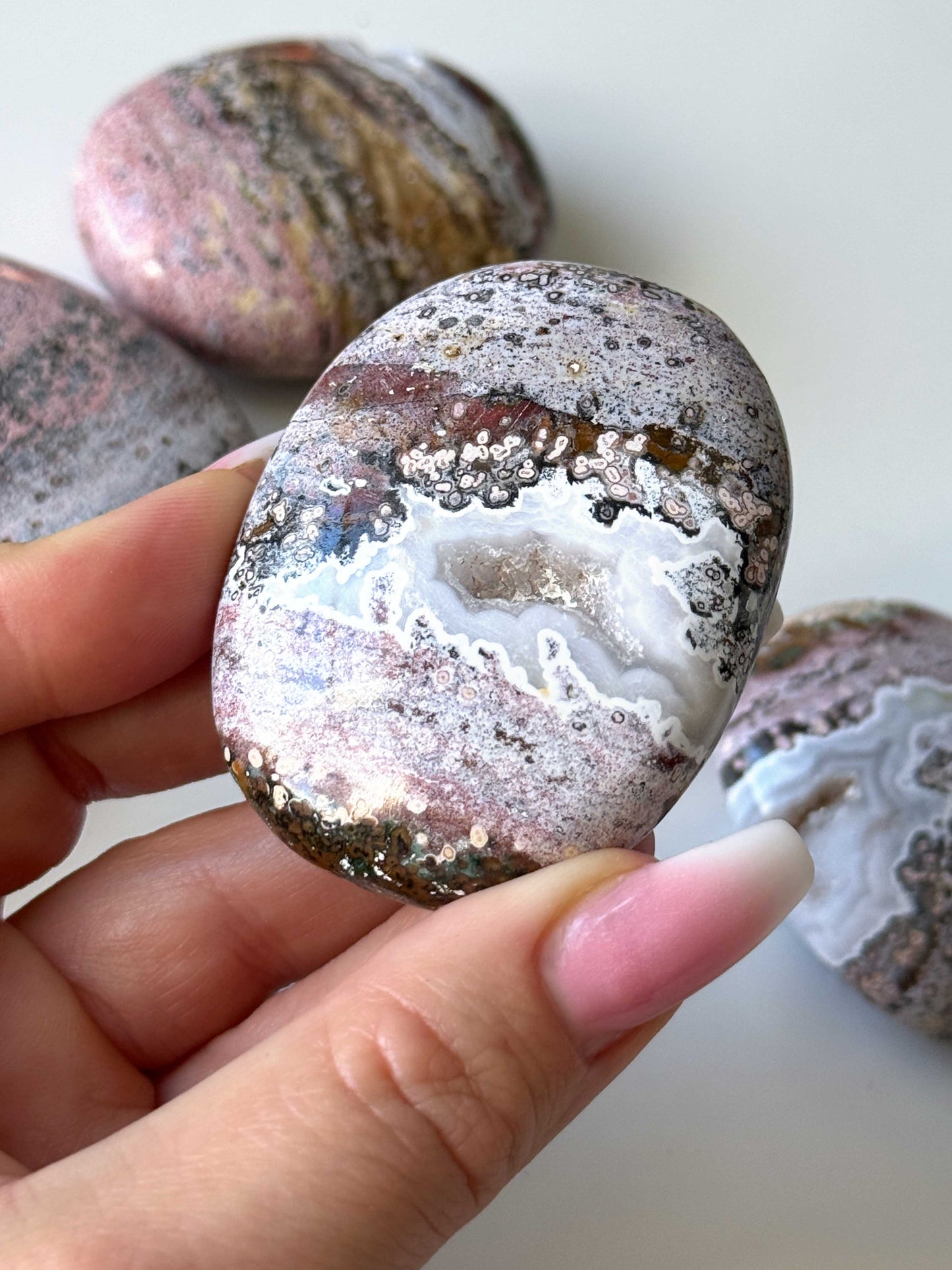 Druzy Pink Sea Jasper Palm Stone