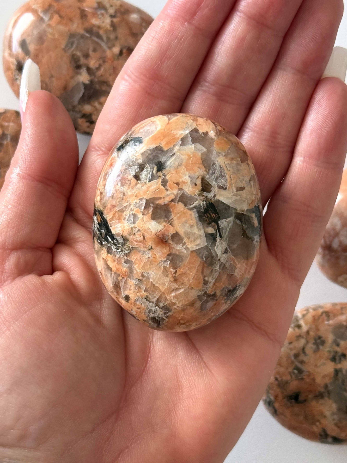 Peach Moonstone with Tourmaline Palm Stone