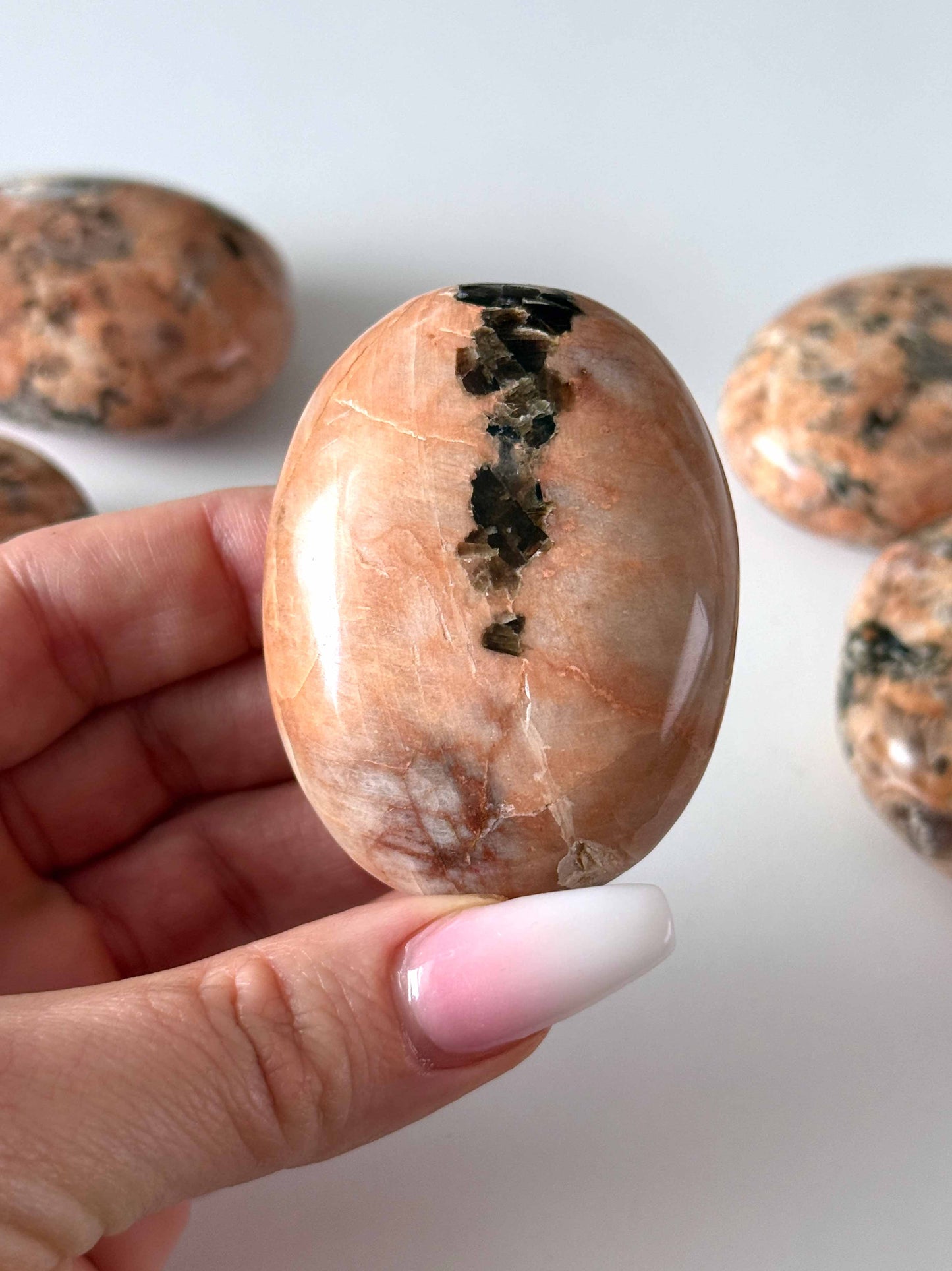 Peach Moonstone with Tourmaline Palm Stone