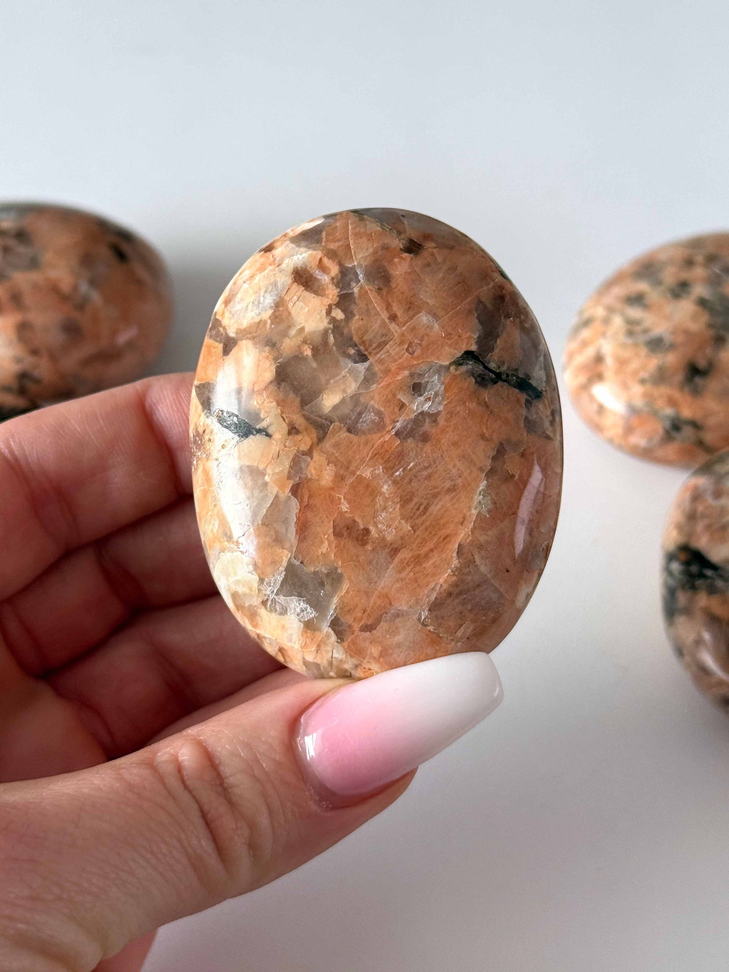 Peach Moonstone with Tourmaline Palm Stone