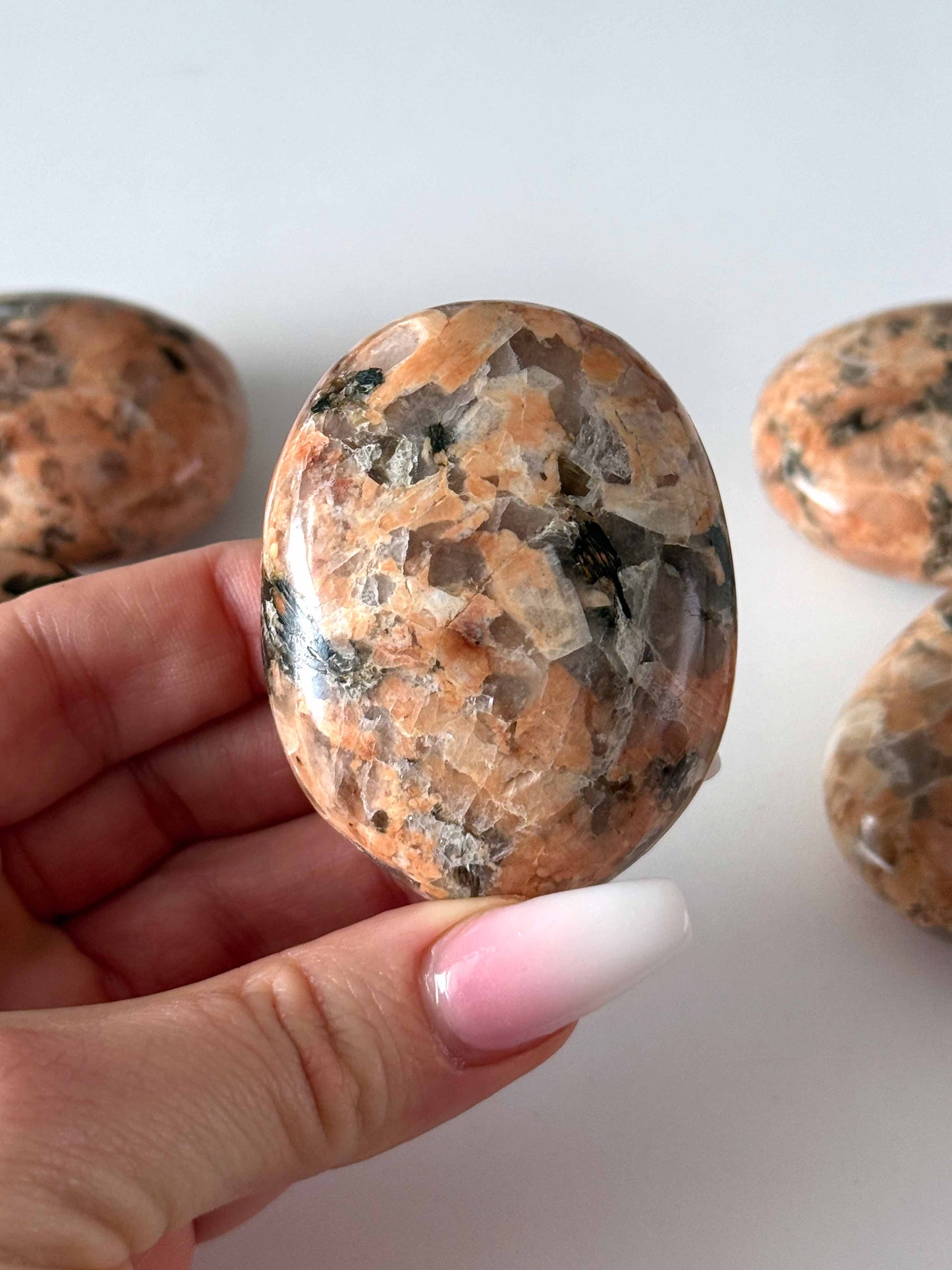 Peach Moonstone with Tourmaline Palm Stone