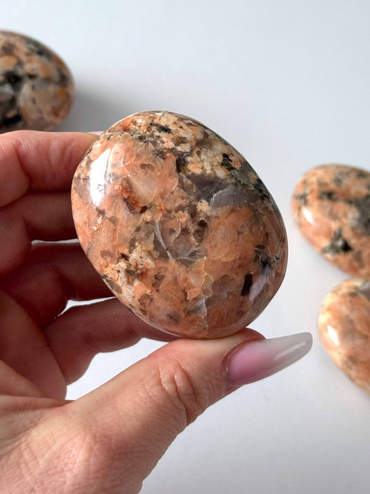 Peach Moonstone with Tourmaline Palm Stone