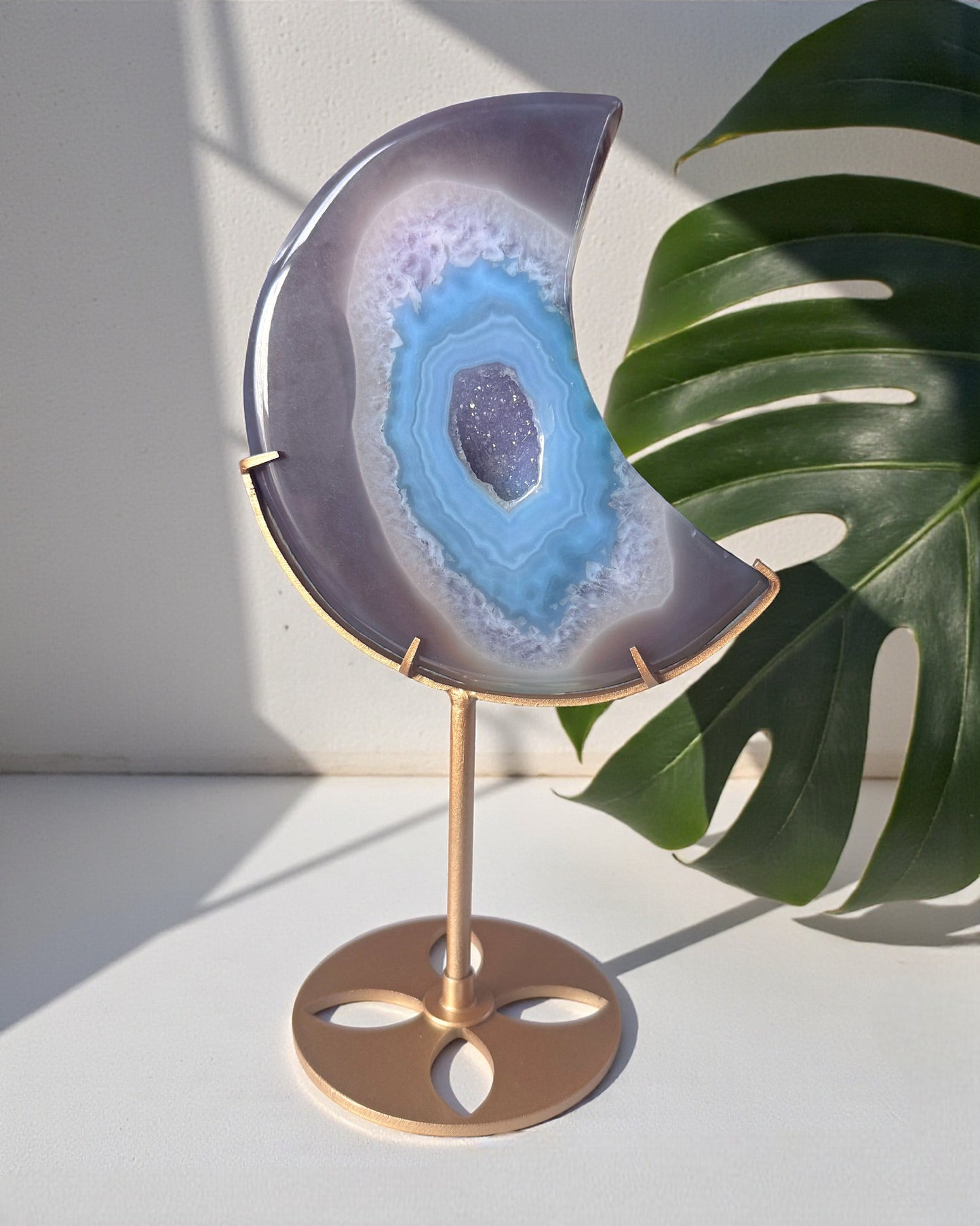 Agate Druzy Crescent Moon on Stand