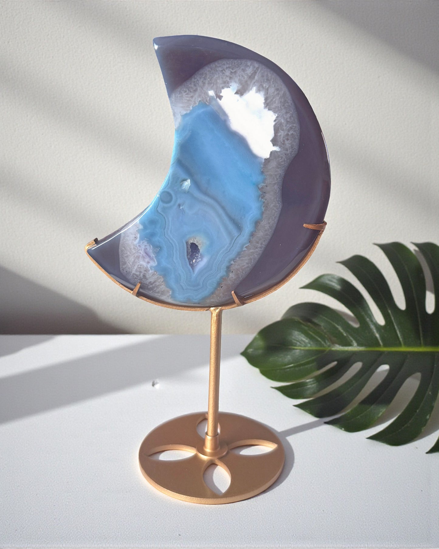 Agate Druzy Crescent Moon on Stand