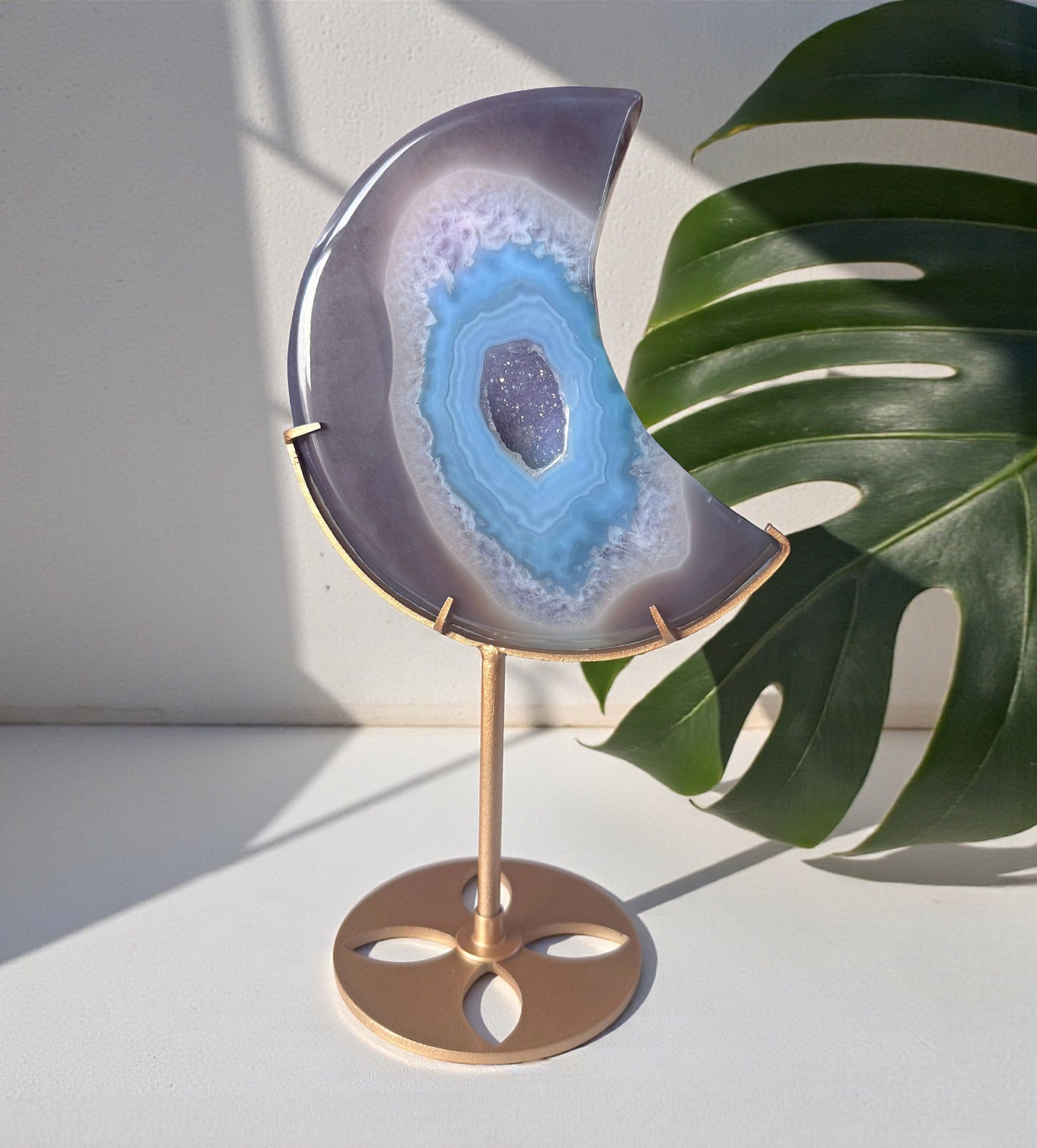 Agate Druzy Crescent Moon on Stand