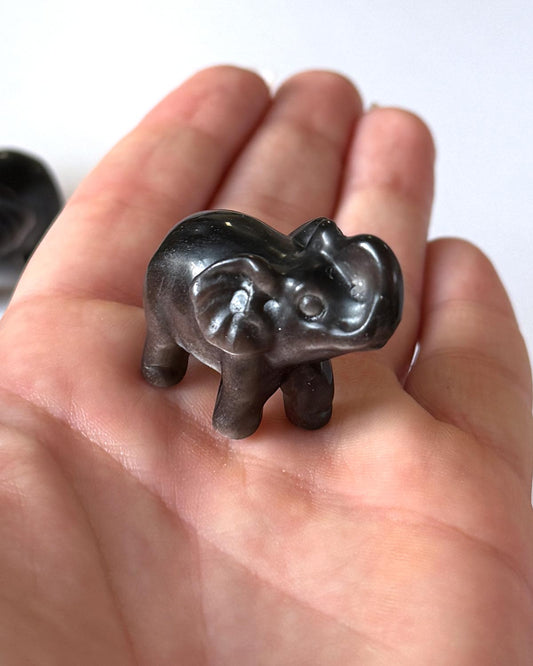 Silver Sheen Obsidian Elephant Carving
