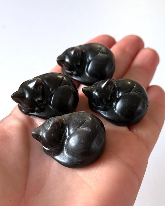 Silver Sheen Obsidian Sleeping Kitty Carving