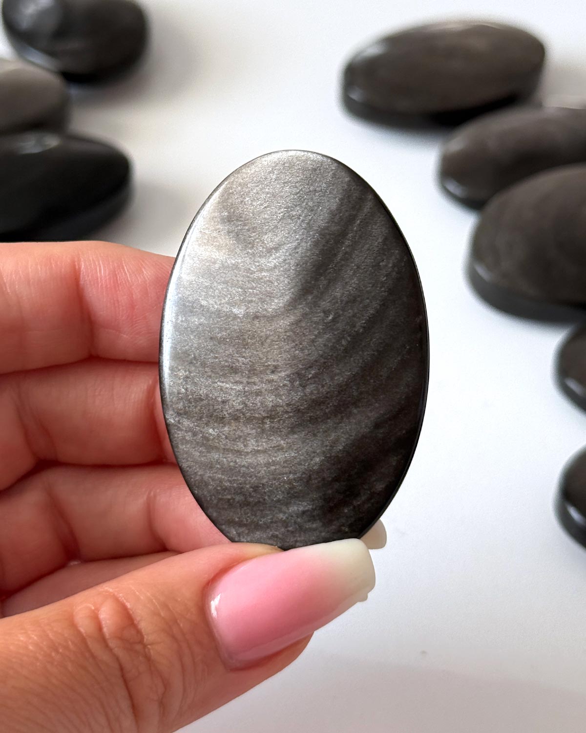 Silver Sheen Obsidian Palm Stone