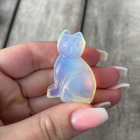 Opalite Carved Cat | Opalite Glass Cat | Cute Cat Carving - Sole Luna