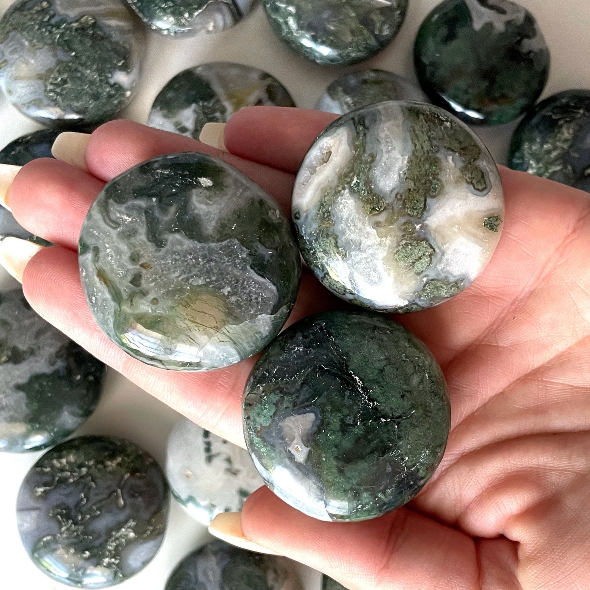 PROSPERITY | Moss Agate Round Mini Palm Stone | New Beginnings | Abundance - Sole Luna